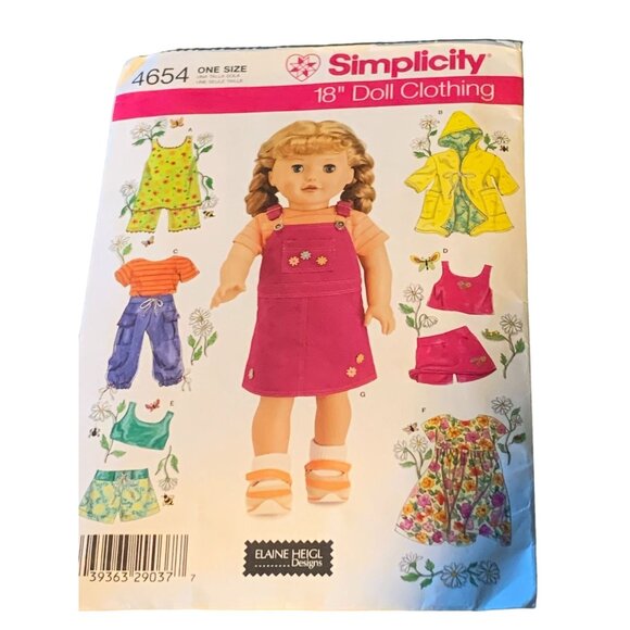 Simplicity 4654 18" Doll Clothing Patterns - 36 Pieces Elaine Heigl Designs 2008 - Picture 1 of 2